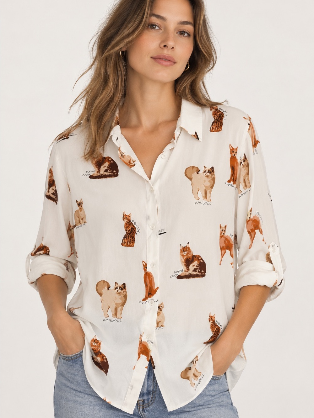 Jane + Delancey Cat Kitten Print Button Down Shirt XL 100% Rayon